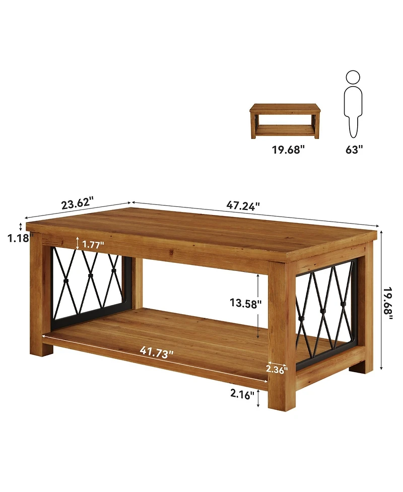 Tribesigns 47.2" Solid Wood Coffee Table, Farmhouse Rectangular Center Table, 2-Tier Low Cocktail Tea Table