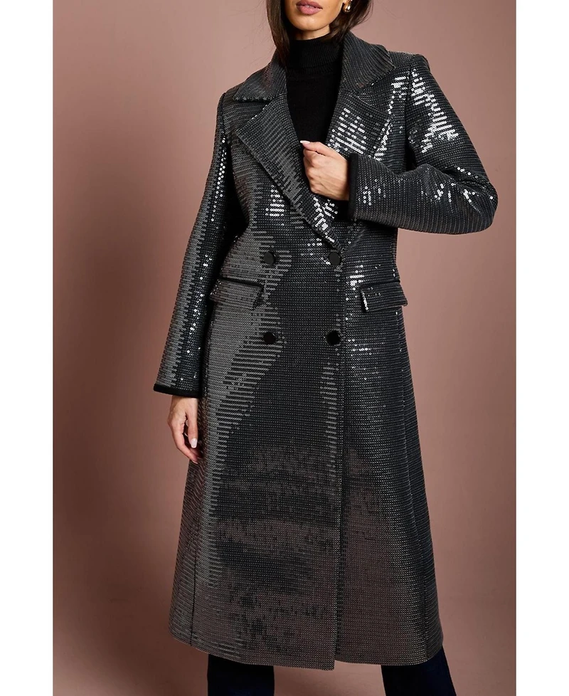 Coast Women's Faux Fur Collar Sequin Longline Coat