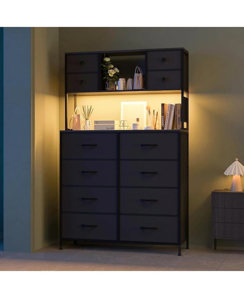 gaomon 12-Drawer Dresser with Power Outlet & Open Shelves - Led Light Wood Top Metal Frame Fabric Dresser for Bedroom