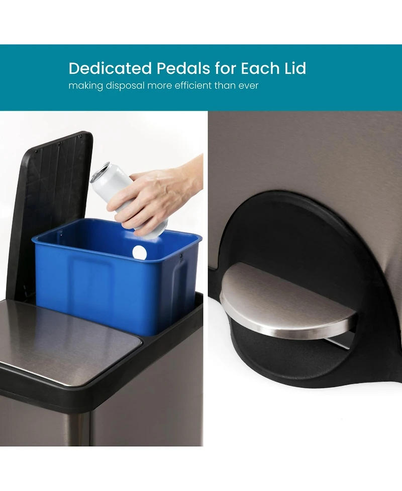 Home Zone Living 16 Gallon Dual Trash and Recycling Can with Removable Liners and Soft Close Lids, Stainless Steel