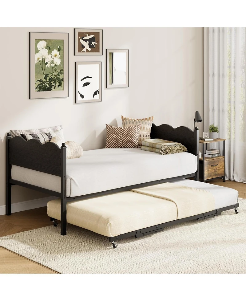 gaomon Daybed with Trundle Metal Slat Support, Lockable Casters, Wavy Wood Grain Headboard, Space-Saving Sofa Bed for Living/Guest Room