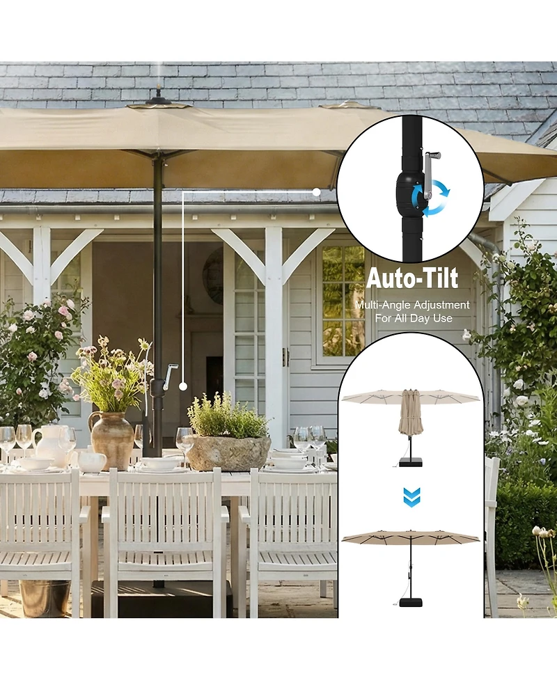 Homsee 15 ft. Double Sided Umbrella Outdoor Patio with Spray System, Base and Sand Bag