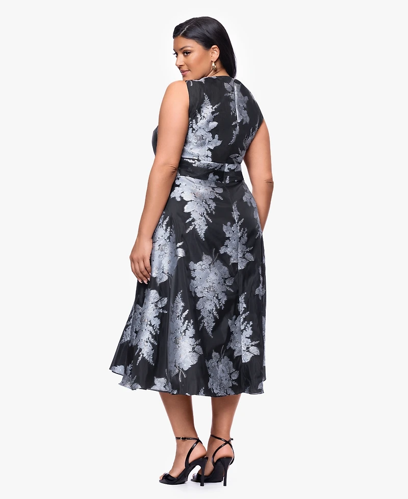 Betsy & Adam Plus Printed V-Neck Midi Dress