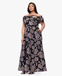 Betsy & Adam Plus Printed Off-The-Shoulder Ball Gown