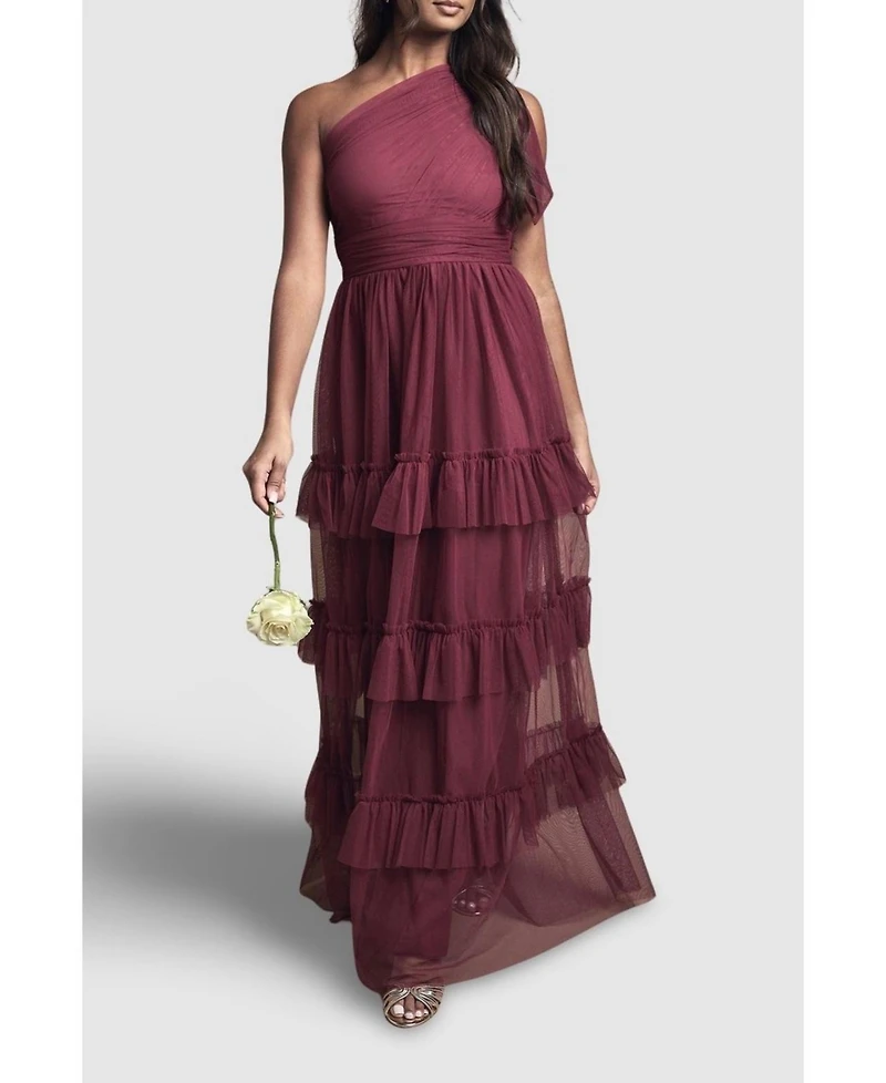 Oasis Women's Pleated One Shoulder Tiered Maxi Dress