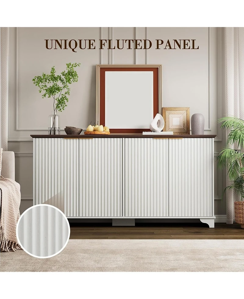 gaomon 61 Inch Modern Fluted Wood Buffet Cabinet with 4 Doors - Adjustable Shelf Storage Sideboard for Kitchen, Dining Room