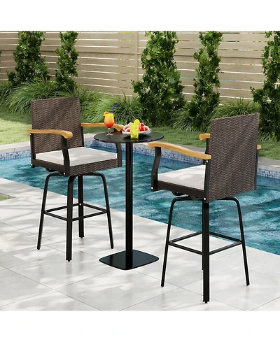 sumyeg Outdoor 360-Degree Swivel Bar Stool with Cushion and Acacia Wood Armrests