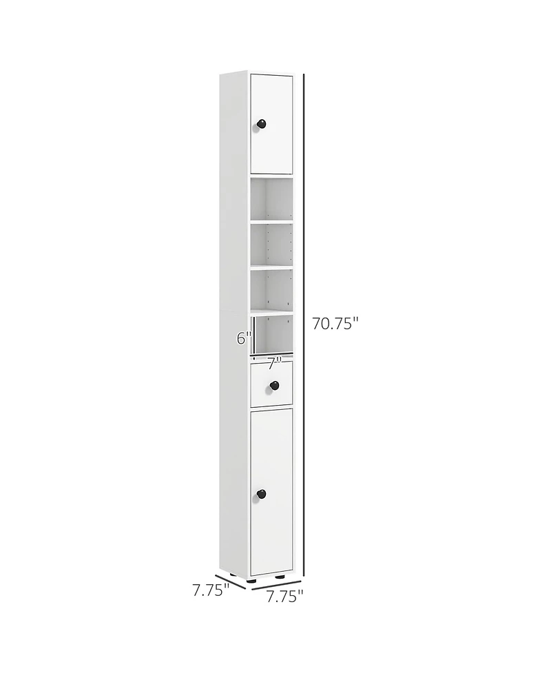 Rainsken Tall Slim Bathroom Storage Cabinet, 71" Freestanding Corner Cabinet with Four Open Shelves, Two 2-Tier Cabinets and 1 Drawer for Small S