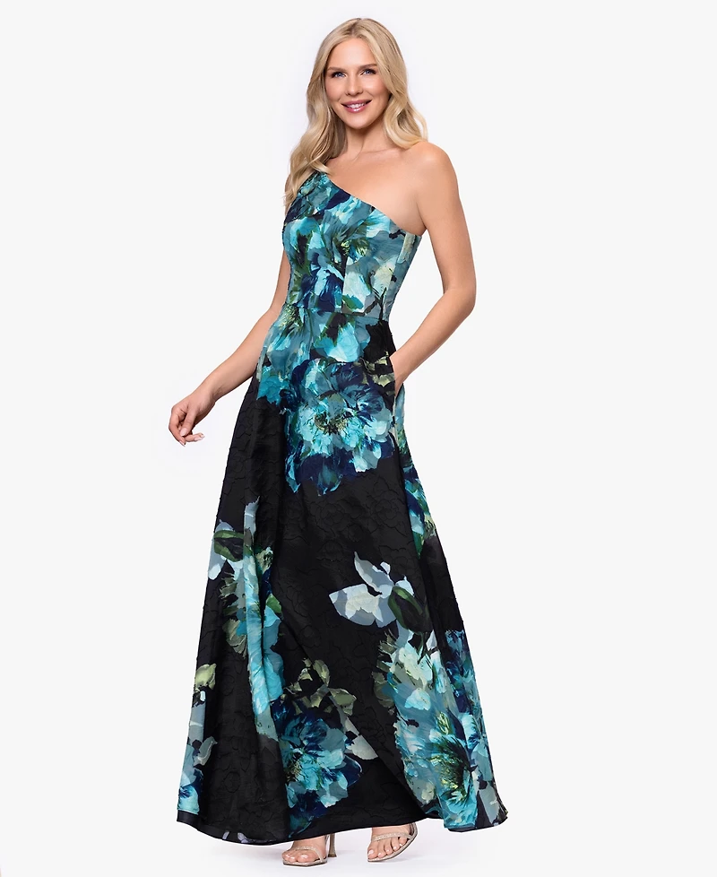 Betsy & Adam Women's One-Shoulder Burnout Print Ball Gown