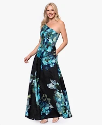 Betsy & Adam Women's One-Shoulder Burnout Print Ball Gown