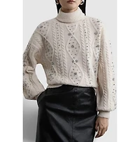 Karen Millen Women's Wool Blend Embellished Cable Knit Jumper