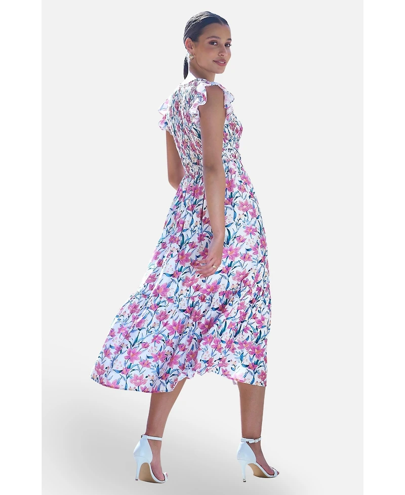 Yumi Women's Viscose Floral Ruched Waist Midi Dress