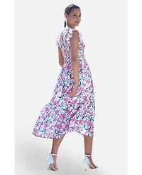 Yumi Women's Viscose Floral Ruched Waist Midi Dress