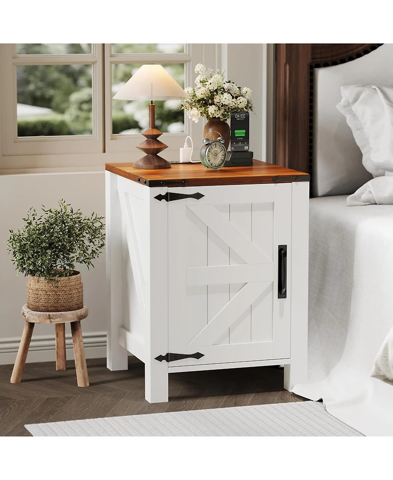 gaomon Bedside Tables Set of 2 with Usb Charging Station – White & Brown Rustic Bedside Tables with Sliding Barn Door, Adjustable Shelf