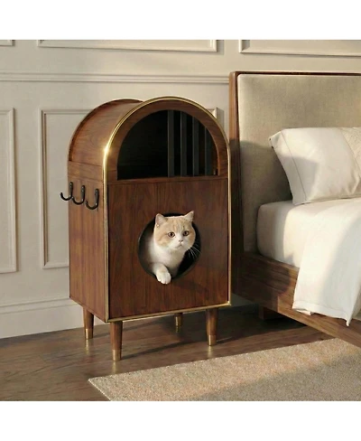 6thdruple Modern Espresso Cat Condo Furniture, Two-Tier Arch Cat House for 2 Cats