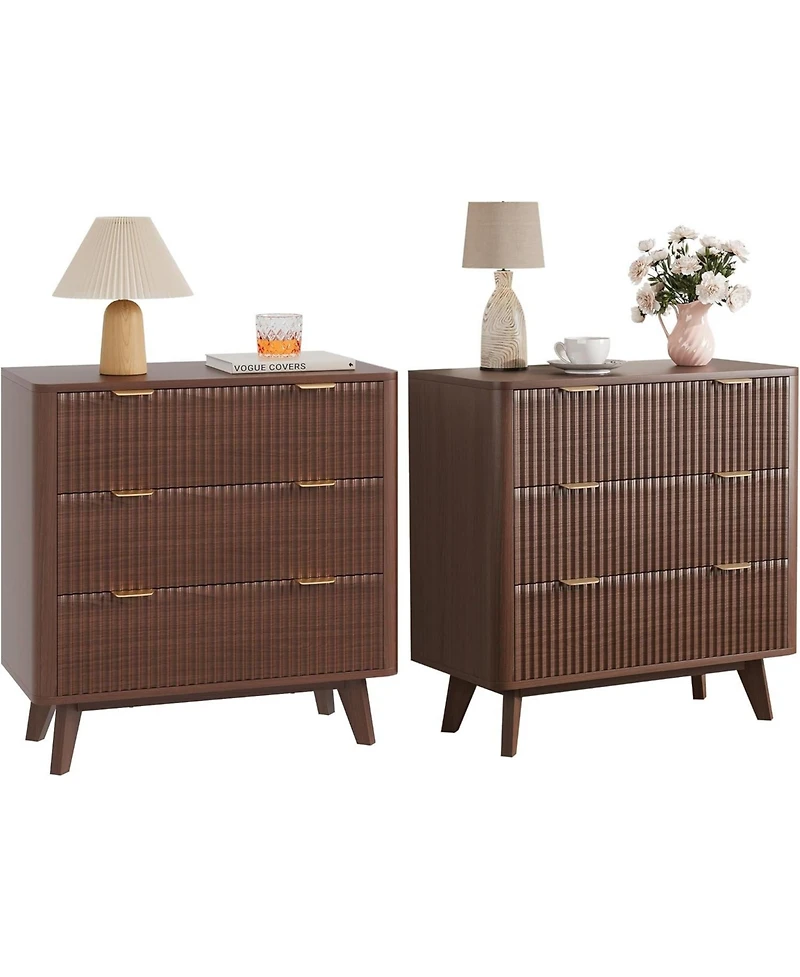 gaomon Width Fluted Nightstand Set of 2, Modern 3 Drawer Bedside Table with Faux Marble Top, Wood Chest of Bedside Table with Curved Profile