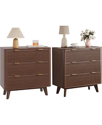 gaomon Width Fluted Nightstand Set of 2, Modern 3 Drawer Bedside Table with Faux Marble Top, Wood Chest of Bedside Table with Curved Profile