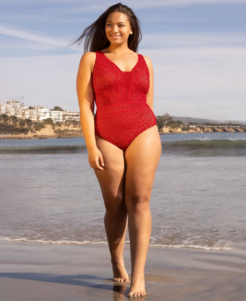 Becca Etc Plus Color Play Crochet Plunge One-Piece Swimsuit