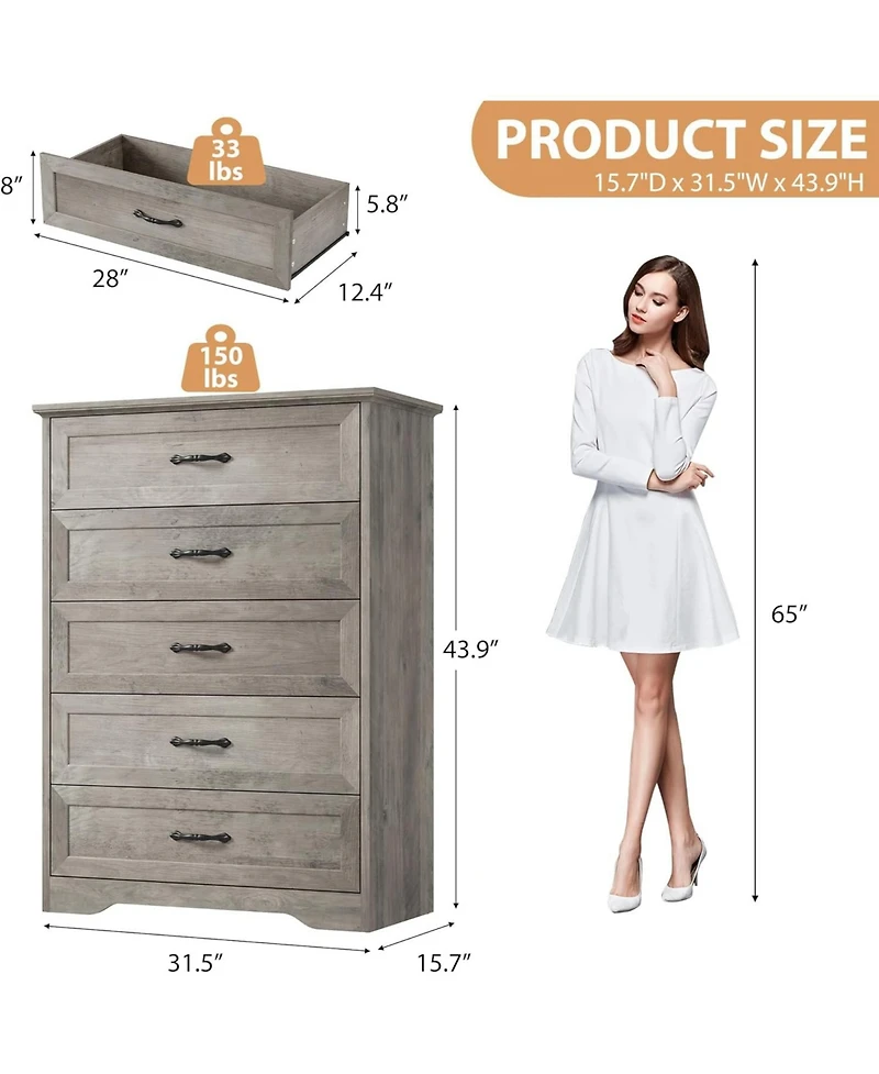 gaomon Farmhouse 5 Drawers Dresser for Bedroom, Tall Chest of Drawer, Wooden Vertical Dresser with Metal Handles and Stable Base