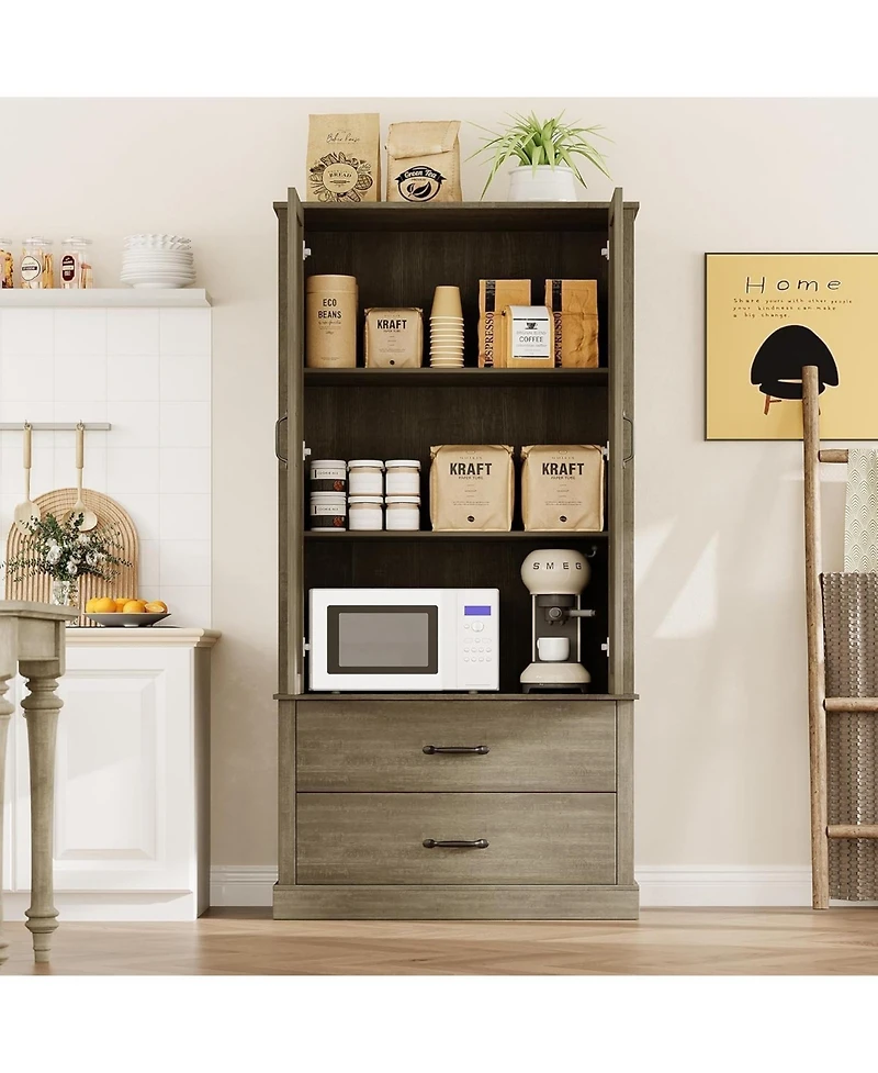 gaomon Kitchen Pantry Cabinet, Barn Door Kitchen Cabinet with Barn Doors, Drawers and 2 Adjustable Shelf, Freestanding Tall Hutch for Kitchen