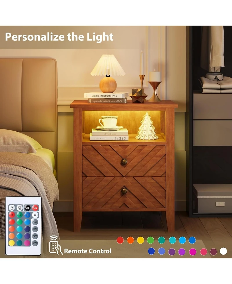 gaomon Led Night Stand with 2 Storage Drawers and Stable Wooden Legs, Farmhouse Nightstand w/V-Shaped Design & Open Storage Shelf