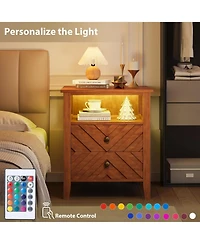 gaomon Led Night Stand with 2 Storage Drawers and Stable Wooden Legs, Farmhouse Nightstand w/V-Shaped Design & Open Storage Shelf
