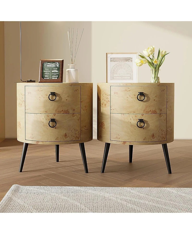 gaomon Modern Round Wood-Grain Side Table with 2 Drawers and Metal Legs