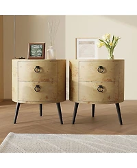 gaomon Modern Round Wood-Grain Side Table with 2 Drawers and Metal Legs