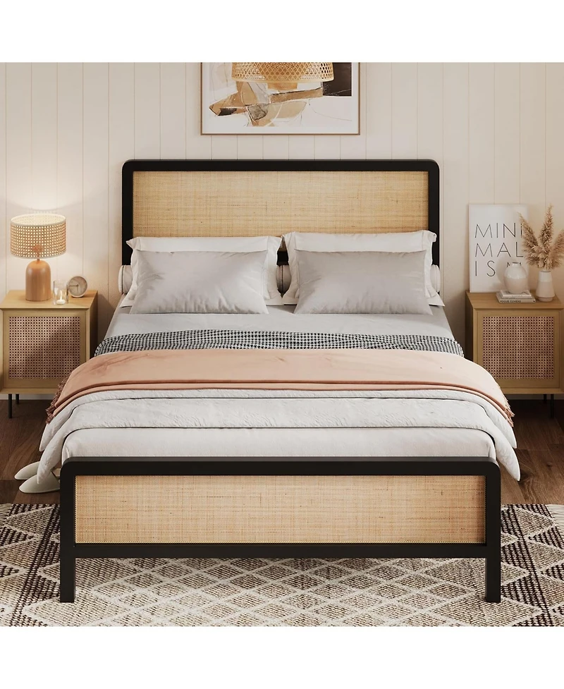 Gaomon Boho Rattan Full Size Bed Frame with Headboard & Footboard, Sturdy metal Platform Bed, Rattan Headboard, Under-Bed Storage, No Box