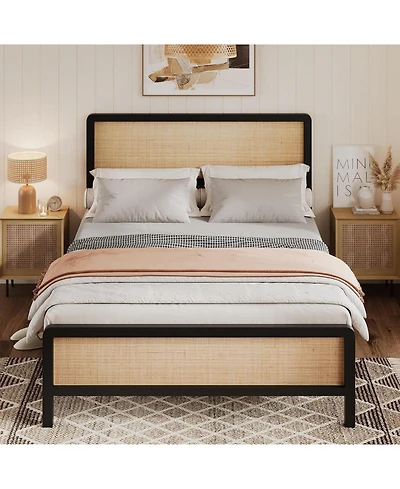 Gaomon Boho Rattan Full Size Bed Frame with Headboard & Footboard, Sturdy metal Platform Bed, Rattan Headboard, Under-Bed Storage, No Box
