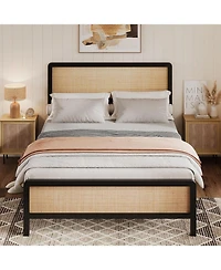 Gaomon Boho Rattan Full Size Bed Frame with Headboard & Footboard, Sturdy metal Platform Bed, Rattan Headboard, Under-Bed Storage, No Box