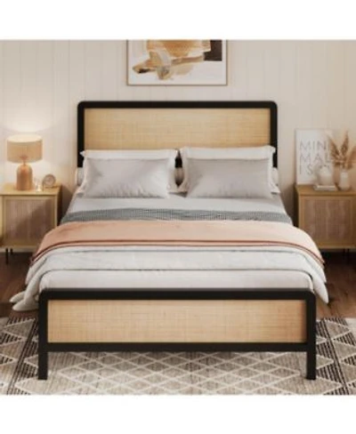 Gaomon Boho Rattan Full Size Bed Frame With Headboard Footboard Sturdy Metal Platform Bed Rattan Headboard Under Bed Storage No Box