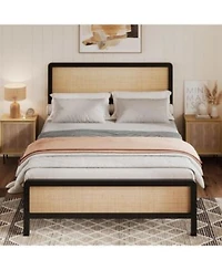 Gaomon Boho Rattan Full Size Bed Frame With Headboard Footboard Sturdy Metal Platform Bed Rattan Headboard Under Bed Storage No Box