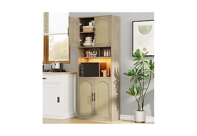 gaomon Tall Pantry Cabinet Led Light Microwave Shelf Oak
