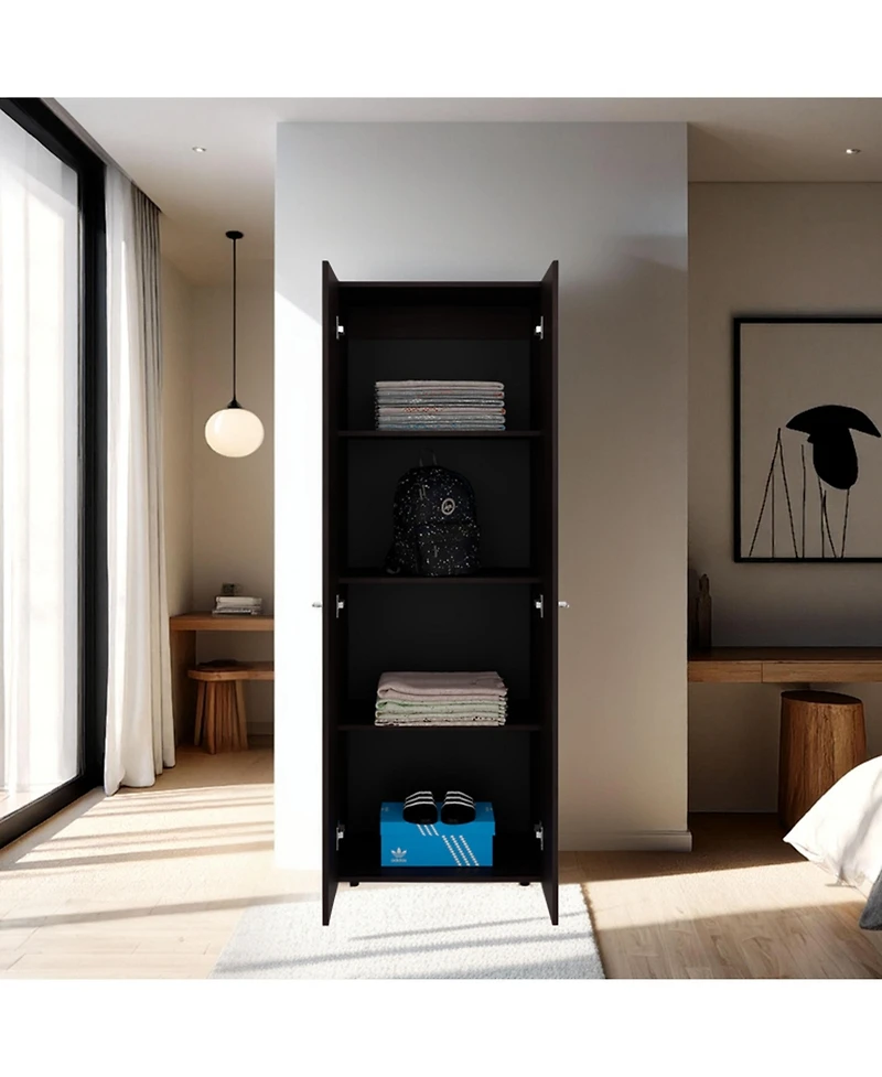 Flynama Armoire with 2 Doors 4 Shelves in Walnut and Wengue Space Saving Bedroom Storage Cabinet