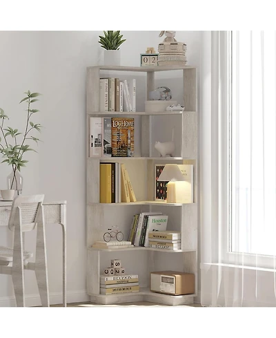 Rainsken 5 Tier L-Shaped Corner Bookshelf, Wooden Open Display Stand and Storage Rack with Anti-Drop Panels for Living Room or Home Office