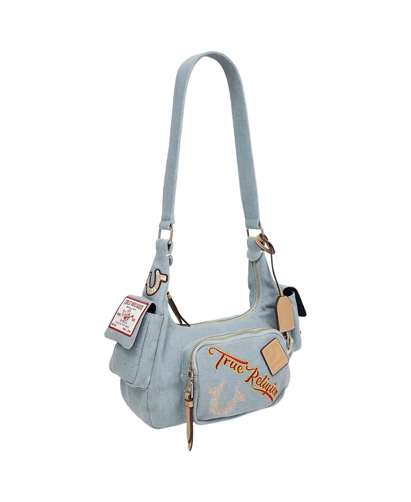 True Religion Multi-Patch Denim Hobo Shoulder Bag