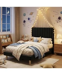 Gaomon Upholstered Platform Bed Frame Vertical Channel Tufted Adjustable Headboard Strong Wooden Slats Support No Box