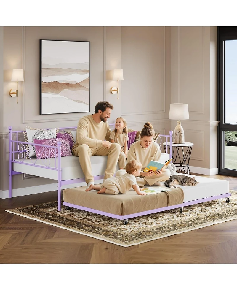 gaomon Kids Daybed with Trundle, Purple, Heart Metal Headboard, Steel Slats, Easy Assembly