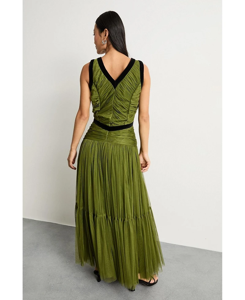 Warehouse Women's Petite Velvet Trim Tulle Maxi Dress