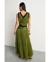 Warehouse Women's Petite Velvet Trim Tulle Maxi Dress