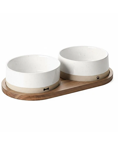 Aronkl Ceramic Dog Bowls Set with Wood Tray Food Water Non-Slip Stable Farmhouse Style