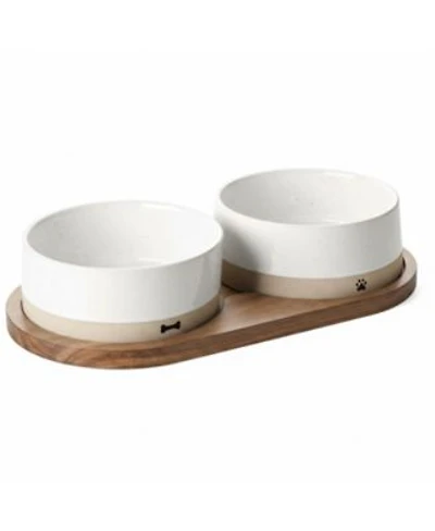 Aronkl Ceramic Dog Bowls Set with Wood Tray Food Water Non-Slip Stable Farmhouse Style