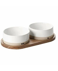 Aronkl Ceramic Dog Bowls Set with Wood Tray Food Water Non-Slip Stable Farmhouse Style