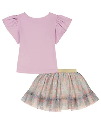 Kids Headquarters Girls' 2T-6X Flutter Sleeve Top and Printed Tulle Skort, 2-Piece Set