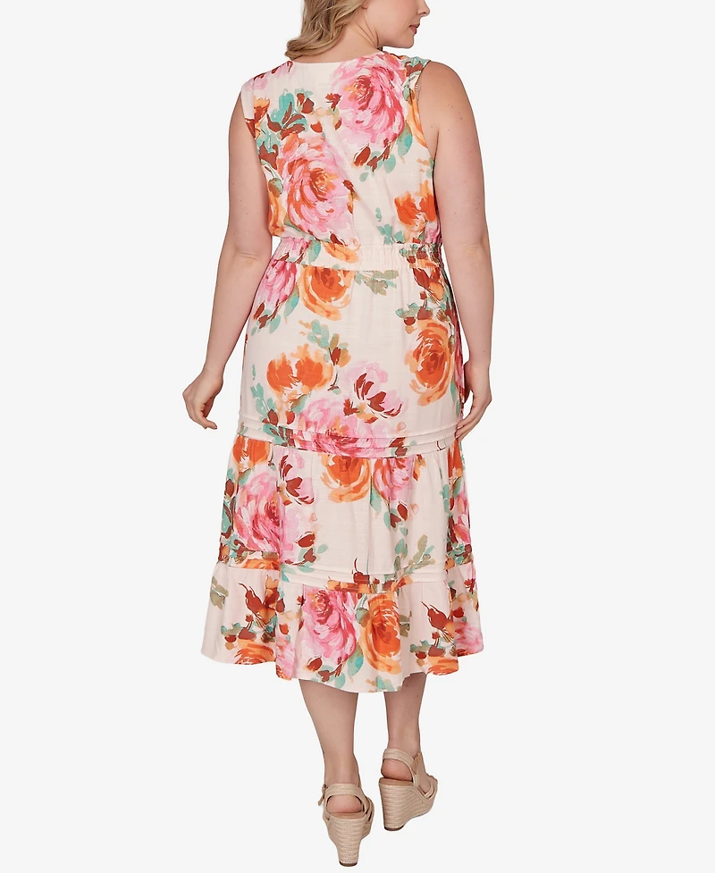 Ruby Rd. Plus Drawstring Waist Floral Linen Tiered Dress