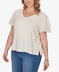 Ruby Rd. Plus Eyelet Poplin Sleeve Slub Knit Top
