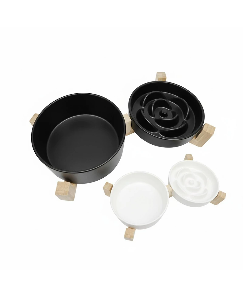 Aronkl Ceramic Slow Feeder Dog Bowl Set with Wooden Stand Anti-Gulping Anti-Slip Dishwasher Safe