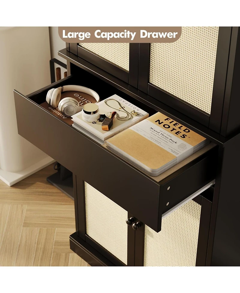 gaomon 70" Rattan Pantry Cabinet, Pantry Storage Cabinet with 4 Doors, Freestanding Cupboard with 3 Adjustable Shelves