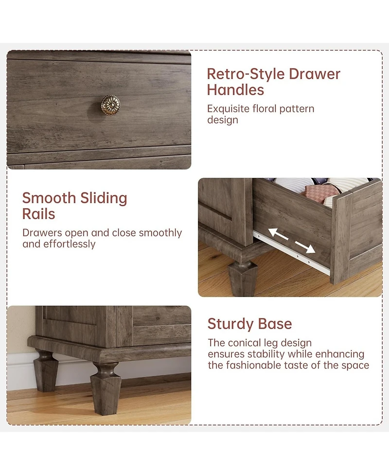 gaomon 6 Drawer Tall Vintage Wood Dresser with Carved Handles & Tapered Legs, Distressed